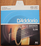 D'Addario EJ36 Light 11-47 12 String 80/20 Bronze Acoustic Guitar String Set